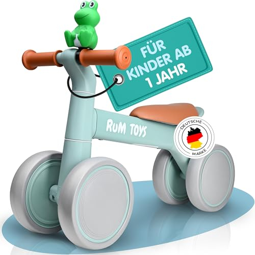 R.u.M. Toys sicheres Laufrad ab 1 Jahr mit süßer Frosch-Hupe - Lauflernrad für Mädchen & Jungen - Baby Fahrrad für drinnen & draußen - Motorik Spielzeug ab 1 Jahr - tolles Geschenk für 1-jährige