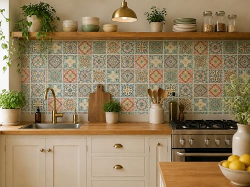Peel and Stick Tile Stickers 10cm x 10cm – Pack of 45 Individual Waterproof Self Adhesive Wall Tiles – Mixed Pastel Moroccan Tile – Renter Friendly Kitchen & Bathroom Splashback Tiles