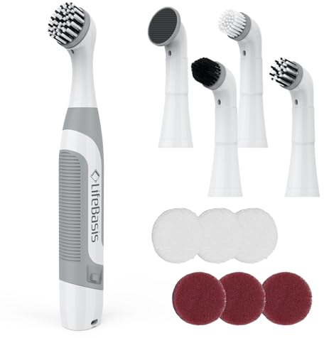 LifeBasis Cordless Electric Cleaning Brush, Household Electric Scrubber for Cleaning with 5 Brush Heads Waterproof Cleaning Brush for Home, Bathroom & Kitchen Tile Crevice Corner (Batteries Included)