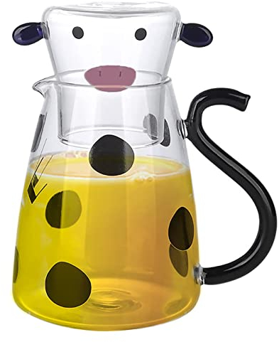 Glass Water Bottle Cow, Glass Pitcher with Cup, Bedside Night Water Caraffa Set with Tumbler, Cartoon Cow Clear Glass, Caraffa Set, Water Carafe, Pitcher and Cup Night Set Home Use for Fridge Room