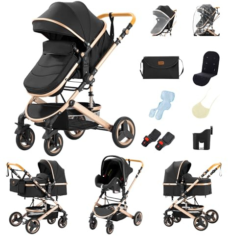 GLOKID Carrito bebé 3 en 1, Silla de Paseo para Niños, Silla Paseo, Sistema de viaje, Plegable, Travel System, Con accesorios, Góndola, Adaptateurs (530 Negro)