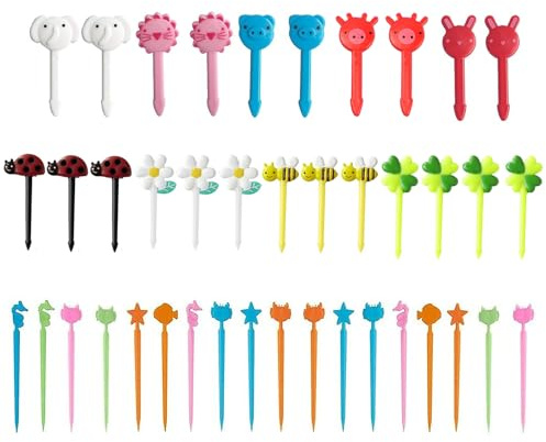 JCUGSBS Lot de 40 fourchettes à fruits, à gâteau, à bento, mini, motif de dessin d’animaux, pour enfants et adultes, cure-dents, qualité alimentaire, accessoires mignons