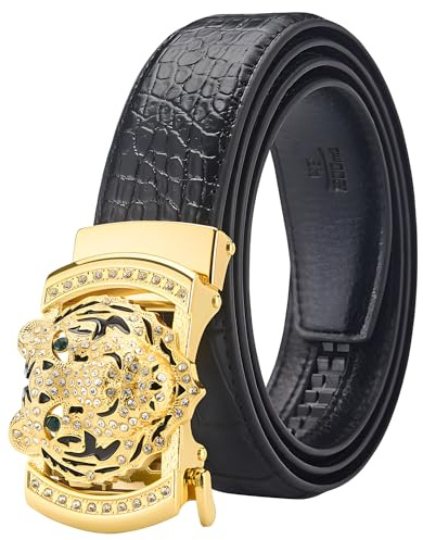 VJK Luxury Men's Belts Gold Tiger Head Automatic Buckle Alloy, PU Leather Men Waist Strap, Slide Easier Adjustable Belt, Cut To Fit, Men Dress Casual Ratchet Belt (49in)