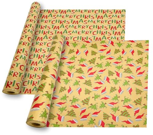 2 Rollen Weihnachts-Geschenkpapier aus Kraftpapier, 43 cm x 15 m, recycelbare Geschenkpapierrolle für Weihnachts-, Geburtstags-, Halloween-, Festival- und Partydekoration