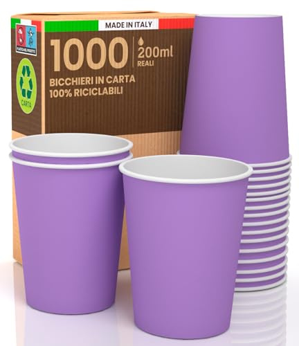 Baciato Caffè 1000 Bicchieri in Carta 200ml LILLA Made in Italy Ecologici Biodegradabili Monouso Asporto Bevande Calde Acqua Colorati - Prodotto e Confezionato in Italia