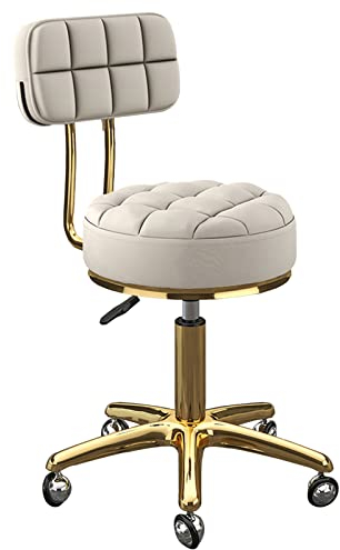 Drehhocker mit Rollen, runder Rollhocker, höhenverstellbarer Drehstuhl, Titan-Gold, PU-Leder, Rückenlehne und Sitz, Salonhocker – Globus-Räder