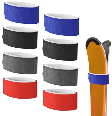 8pcs Sangles de Fixation pour Skis, Sangles Réglables pour Skis Bandes de Ski Attaches de Rangement pour Planches de Ski Bâtons Accessoires de Sports d'hiver (Noir, Rouge, Gris, Bleu)