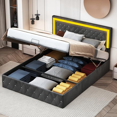 Polsterbett Doppelbett 140x200 cm mit LED-Beleuchtung, hydraulisches Stauraumbett mit Bettkasten, Bett mit Stauraum und Lattenrost. Funktionsbetten für Erwachsene oder Jugendliche. Samt (Schwarz)