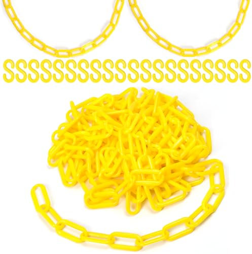 Wokape 1 cadena de plástico amarillo de 5 m x 6 mm, barrera de cadena de seguridad con 20 ganchos de conector para control de multitudes, control de tráfico, gestión de espacio de estacionamiento