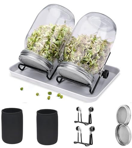 Yamniyuees Seed Sprouting Jar Kit, Sprossen Germination Glass Set, 2pcs 32OZ Wide Mouth Mason Jars with Tray, 2 Shading Cloth and 2 Stainless Steel Strainer Lids Stands for Making Seeds Sprouts