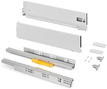 Emuca - Extern låda Vertex Push Sincro, 3D-reglering kök lådlöpare, H 131 mm, 40 kg, djup 450 mm, stål, vitmålad
