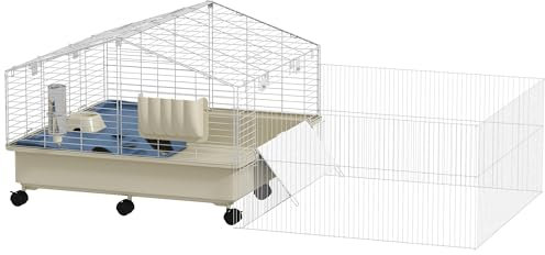 PawHut Kleintierkäfig mit Laufstall, Kaninchenkäfig, Kleintierstall mit Wasserflasche, Heufütterung, Futterschale, Rampe Nagerkäfig mit Rollen für Meerschweinchen und Igel Weiß