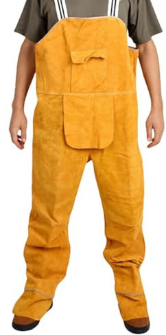 Delantal de Soldadura de Piel de Vaca, Resistente al Calor, Ropa de Seguridad, con Pierna Dividida, Resistente al Fuego y con Bolsillo,Amarillo,L