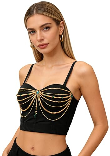 ROYAL SMEELA Corset Noir Décoré de perlé et Chaînes Dorées, Bustier Pour Femme