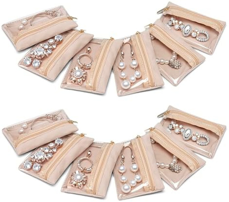 Businey Travel Jewellery Pouches,12pcs Small Jewellery Bag with Zipper, Jewellery Rolls for Travelling, Jewellery Organiser for Women Travel Business Trip