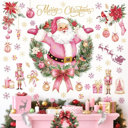 wondever Wandtattoo Weihnachtsmann Rosa Nussknacker Weihnachtsdeko | Abziehen und Aufkleben, Repositionierbar, Wanddeko Weihnachten Selbstklebend für Weihnachtsfeier Wohnzimmer Winter Deko