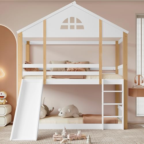 TOBIDOEN Lit superposé, pour enfant, 90 x 200 cm, avec fenêtres caractéristiques, échelle verticale à 3 niveaux et toboggan, interchangeable, avec protection anti-chute (bois de pin, blanc + naturel)