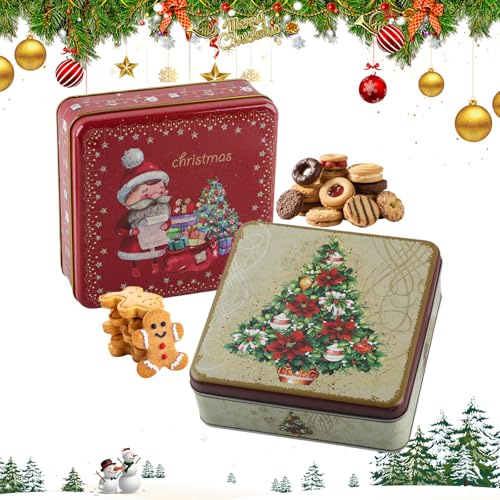 Shyllin 2 Piezas Latas de Metal para Galletas de Navidad Cuadrado, 17x17x6 cm, Caja Navidad, Caja de Hojalata Navideña, Tarro Galleta, para Dulces, Té, Café, Galletas, Regalos