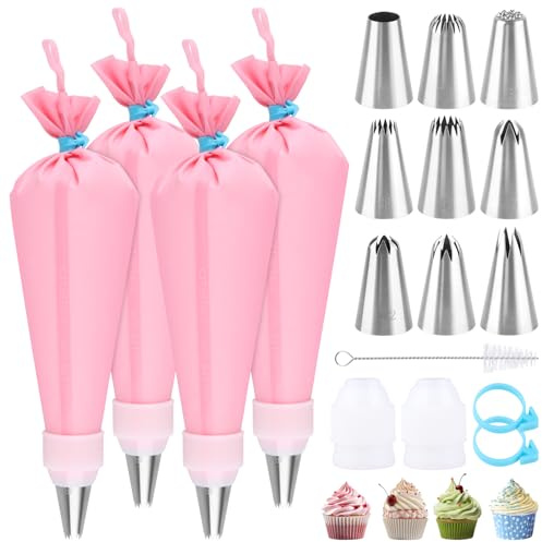 Sandiyago Piping Bags and Nozzles Set, 18Pcs Icing Piping Kits with 4 Reusable 12 Inch Piping Bags, 9 Stainless Steel Cake Piping Nozzles Kits, 2 Couplers, 2 Bag Ties and Cleaning Brush (Pink)