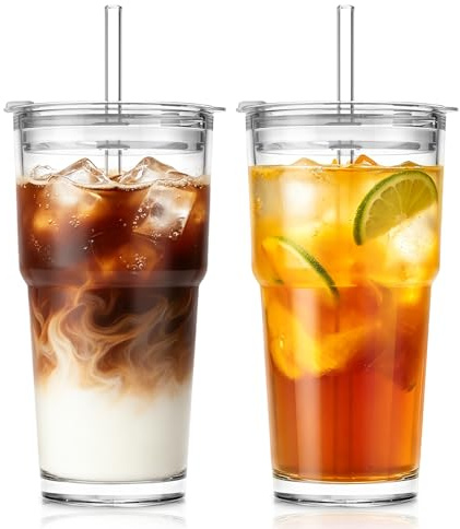 SoulTimes 20oz Glass Tumbler with Lid and Glass Straw –Set of 2, Clear Reusable Iced Coffee Cup, Drinking Glass for Coffee, Tea, Juice, Smoothies – Durable & Elegant Glassware