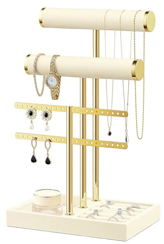 Wonninek Armband hållare display – 3 nivåer beige sammet smycken organiseringsstativ enkel installation, avtagbar T-bar smyckeshållare med örhängeshål, armbandshållare, ringrulle, bricka