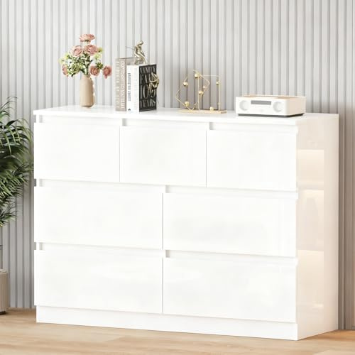 BSTSEL 120cm White High Gloss Chest of Drawers, 6/7/8 Drawers Bedside Strorage Cabinet with Metal Runners Living Room Hallway Bedroom No Handle (White 7 Drawers Cabinet)