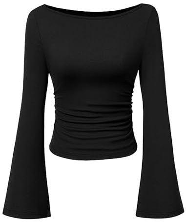 Sukiglam T-shirt dam långärmad klocka båtringad ribbad stickad elegant T-shirt smal passform basic t-shirt enfärgad blus casual mode pullover höst vinter vår, Svart, L