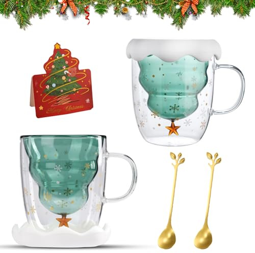 BENBENGO Weihnachtstasse Doppelwandige,2 Stück Doppelwandige Gläser,Weihnachtstasse Weihnachtsbaum,Weihnachtsbaum Isolierglasbecher,für Kaffee,Tee,Getränke