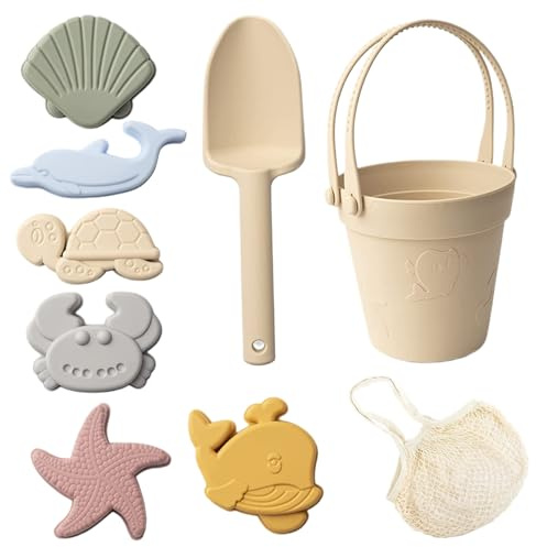 Hperu Silikon-Strandspielzeug, 8-teiliges, sicheres, ungiftiges Silikon-Sandspielzeug-Set mit Schaufel, Eimer und Formen, wasserdichter Strand für Kinder, Outdoor-Reisen, Sommer-Sandkasten-Spielen