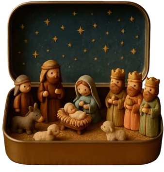 Mini Weihnachtskrippe In Einer Blechdose, Weihnachten Krippenszene Set, Tragbar Taschenformat Christlich Krippenszene Figuren Dekorationssets, Religiös Heilige Jesusfiguren Weihnachtsschmuck