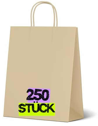 Inoverse 250 Stück Geschenktüten mit Papierkordel, 18+8x22 cm, Papiertüten mit Henkel – Braun, Papiertragetaschen, stabile Kraftpapiertüten für Einkauf, Geschenk, Party & DIY Adventskalender