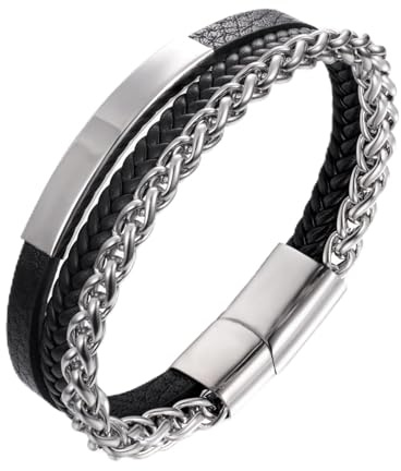 HALUKAKAH Bracciale Intrecciato Triplo in Titanio per Uomo – 21cm Pelle Vera Nera & Catena in Acciaio Chirurgico – Argento Ipoallergenico – Chiusura Magnetica – Scatola Regalo Premium Inclusa