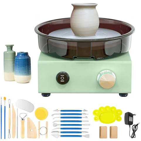 TECKZOON 15 cm Töpferscheibe, Keramikmaschine Set mit 15cm doppelseitiger Drehscheibe, Metallrahmen, abnehmbarem Spritzschutz und Töpferwerkzeug Set, Töpferei DIY Maschine für Anfänger