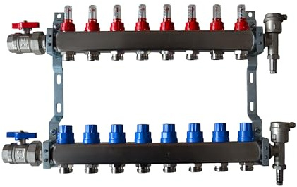 Heizkreisverteiler aus Edelstahl mit Eurokonus, Fußbodenheizung, Durchflussmesser, 1 Kugelhähne, Schnellentlüfter Set (8 Heizkreise)