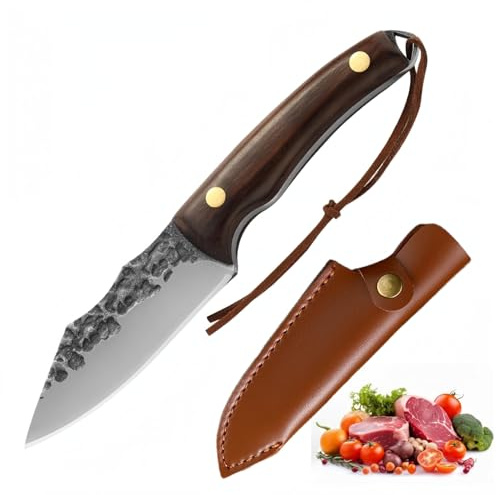 Chef's Knife Handmade Forged Kitchen Knives 4'' High Carbon Steel Cooking Knife with Leather Sheath and Full Tang Ergonomic Handle