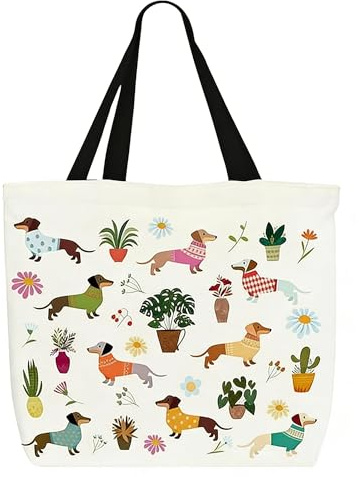 Bolso Teckel, 40 x 38 cm Bolso tote para mujer, bolso de lona estampado, bolsos de algodón para la compra, tote grande blanco de lona para ir de compras, regalos