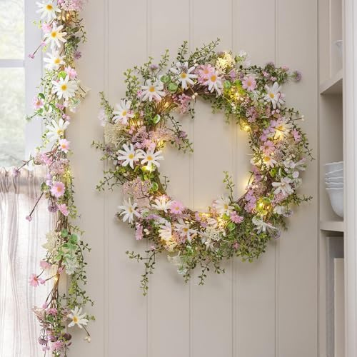 Lights4fun 2er-Set Beleuchteter Frühlingskranz & Girlande mit künstlichen Sommerblumen | Warmweiße LEDs | mit 6h Timer | Batteriebetrieben | Deko Frühjahr Tisch & Wohnbereich | ø 50 cm | Pastellfarben