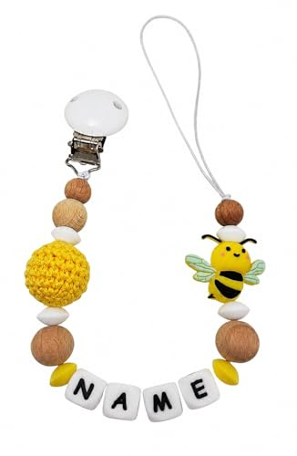 Individuell gestaltetes Babygeschenk personalisiertes Schnullerkette mit Namen für Mädchen oder Junge Baby Geschenk personalisiert zur Geburt & Taufe (Biene gelb)