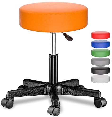 CASARIA® 35cm Orange Rolling Stool with Wheels | Height Adjustable | 360° Rotatable Padded Swivel Roll Chair | Double Castors | Comfortable Upholstered Seating | Office Workshop Salon