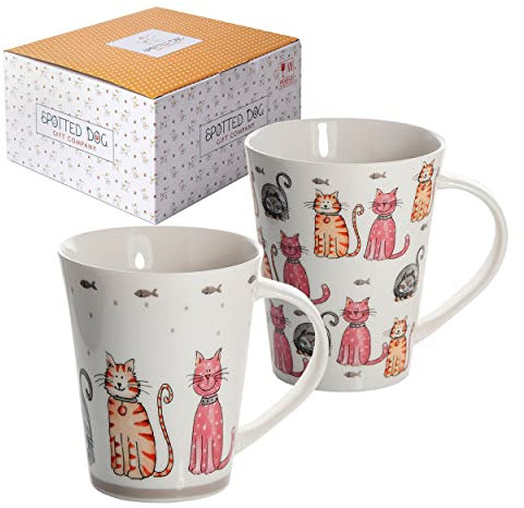 SPOTTED DOG GIFT COMPANY - Tazza con gatti e pesci - tazze grandi per caffè e tè a colazione - idee regalo per uomo, donna e amanti degli animali - in porcellana - set di 2 tazze
