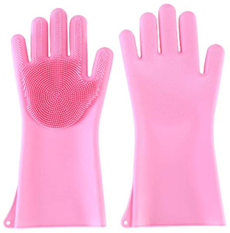 Magic Silicone Dishwashing Gloves Scrubbing Sponge Gloves for Dish, Kitchen, Car, Bathroom, Pet and More,1 Pair (pink)