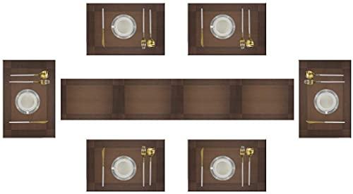 Eageroo Camino de Mesa y Manteles Individuales marrón Juego de 6, Antideslizante Resistente al Calor para de PVC la Mesa de Comedor de Cocina, Vinilo Place Mats Juego de 6, 45x30cm (Nuevo Marrón 6+1)