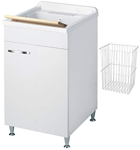 Negrari Classica Lavatoio Montato 50x50 L50 P50 H85 cm Bianco Bagno Cesto Mobile Legno Vasca Polipropilene Asse Pino Piedini Regolabili Cerniere Anta Rallentata Sportello Arrotondato Maniglia Cromata