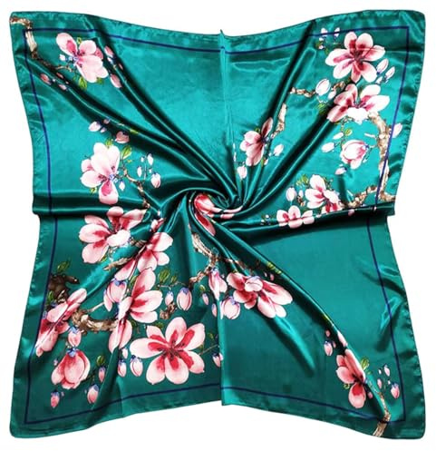 vabovin Silkesliknande huvudscarf, kvinnors 35 tum satin stor fyrkantig hårhalsduk och sjal huvudduk för sömn, 029 Blå Grön Blommig, 35'' x 35''