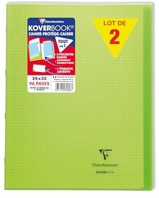 Clairefontaine 981603C - Packung mit 10 Heften Koverbook DIN A4+, 24x32cm, 48 Blatt kariert mit Rand, 90g, Einband PP, Grün, 1 Pack