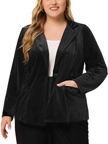 Agnes Orinda Plus Size Velvet Blazers for Women Vintage Party Button Notched Lapel Casual Blazer Velvet Jacket 2X Black