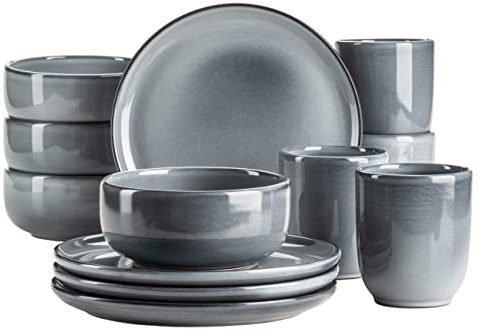 MÄSER Serie Livio, Frühstücksgeschirr Set für 4 Personen mit henkellosen Kaffeebechern, moderne nordische Formen, 12-teiliges Service, Steinzeug, Grau