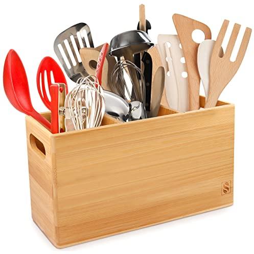 SAUNNIHEN Large Kitchen Utensil Holder, Bamboo Cutlery Holder with 3 Storage Compartments, Removable Tray for Adjustable Space, and 2 Side Handles for Mobility