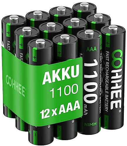 12 x AAA NI-MH Akkus, wiederaufladbare AAA Batterien, 1.2v Micro AAA Akku, 1100mAh hohe Kapazität, geringe Selbstentladung, mit Batterie Schutzbox