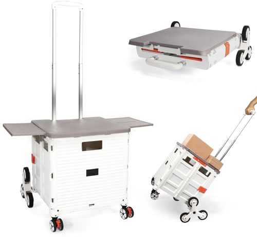 Carrello della Spesa Pieghevole, Carrello Portatile Pieghevole con Ruote per Scalare le Scale, Cestino Compatto con Coperchio Magnetico, Manico Telescopico, Leggero Resistente fino a 80 kg -Bianco